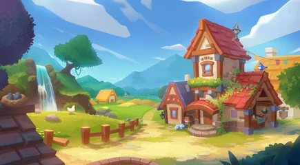Peel and stick wall murals Childrens room Middle Ages Small Fairy Tale Village. Concept Art for Video Games. Fiction Backdrop. Realistic Illustration. Digital CG Artwork. Industry Scenery