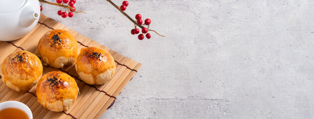 Moon cake yolk pastry for Mid-Autumn Festival holiday. - obrazy, fototapety, plakaty