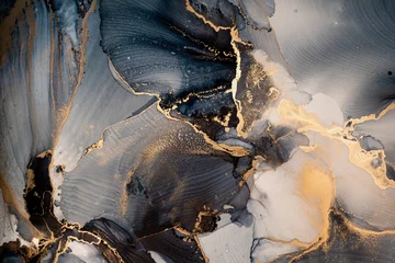 Fotobehang Marmer Luxe abstracte vloeibare kunst schilderij in alcohol inkt techniek, mengsel van donkerblauwe, grijze en gouden verf. Imitatie van geslepen marmersteen, gloeiende gouden aderen. Teder en dromerig ontwerp.