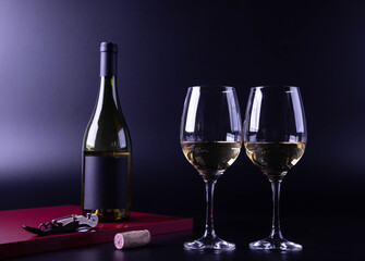 wine glass with bottle and black background