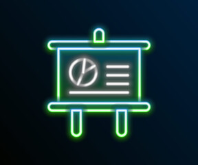 Glowing neon line Presentation board with graph, schedule, chart, diagram, infographic, pie graph icon isolated on black background. Colorful outline concept. Vector