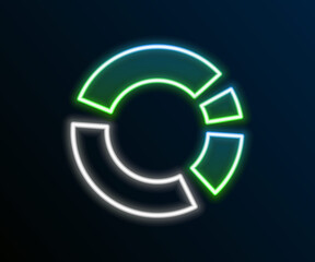 Glowing neon line Pie chart infographic icon isolated on black background. Diagram chart sign. Colorful outline concept. Vector