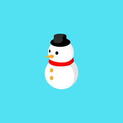 Snowman in a cartoon style facing left of the picture on a blue background.