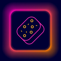 Glowing neon line Sponge with bubbles icon isolated on black background. Wisp of bast for washing dishes. Cleaning service logo. Colorful outline concept. Vector