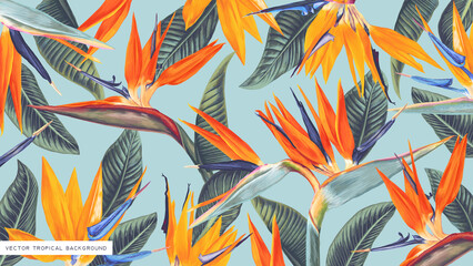Obrazy  Realistic, vector, tropical wallpapers with strelitzia (bird of paradise) designed for computer screens and tablets, can be used as print for clothing, advertising banner, cover in social networks