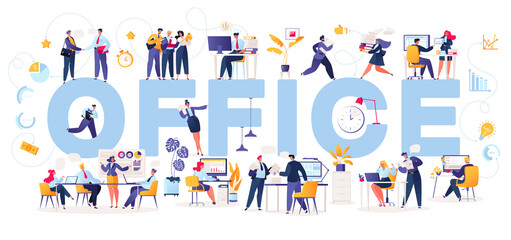 Office, teamwork, business vector illustration in flat cartoon style. Characters, working at computers, meetings, signing discussing contracts. Communication between supervisors and subordinates.