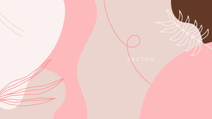 Abstract organic background vector. Earth tone minimal style wallpaper with foliage line art floral and botanical leaves, Organic shapes. Vector background for cover, banner, poster, Web and packaging