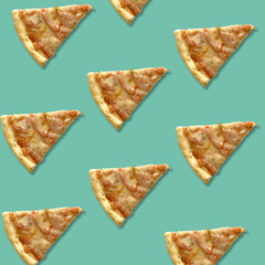 A collage of pizza slices on a green background. A template for websites, banners and clothing.