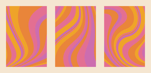 set of 1960s vector illustration with liquid groovy lines. vintage style. pink, orange, purple and yellow retro background. poster, giftcard, t-shirt, stationery - obrazy, fototapety, plakaty