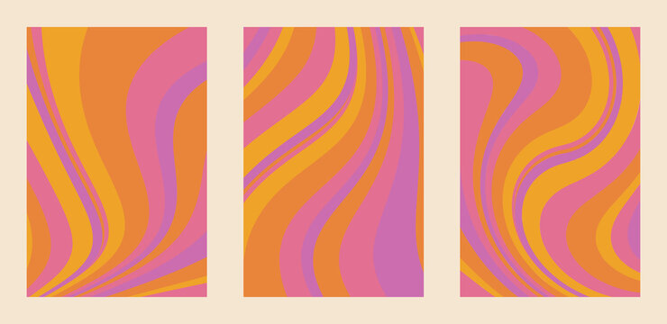 set of 1960s vector illustration with liquid groovy lines. vintage style. pink, orange, purple and yellow retro background. poster, giftcard, t-shirt, stationery