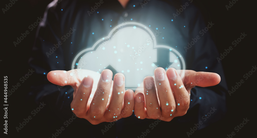 Poster cloud computing technology internet storage network concept. man hands holding virtual icon cloud