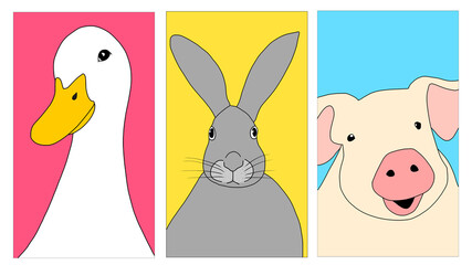 Cute Farm Animals Illustration Set Duck, Pig, Rabbit