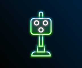 Glowing neon line Train traffic light icon isolated on black background. Traffic lights for the railway to regulate the movement of trains. Colorful outline concept. Vector