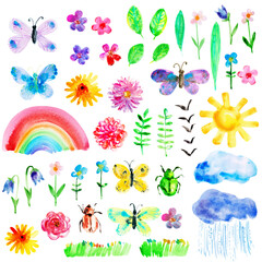 Fototapeta na wymiar Set of colourful bright watercolor butterflies, bugs and flowers, sun, rainbow, cloud