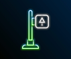 Glowing neon line Road traffic sign. Signpost icon isolated on black background. Pointer symbol. Street information sign. Direction sign. Colorful outline concept. Vector