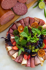 Meat plate on a white wooden background. Set of Salami. Cold cuts of different types of meat. Antipasto set platter. meat snack plat. top view