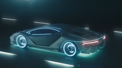 3d render Sports cyber neon car rushes on the night road with neon lights
