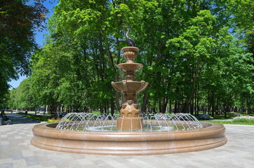 Fototapeta na wymiar Moscow, Russia - June 3, 2021: Fountain in the park of the Northern River Station