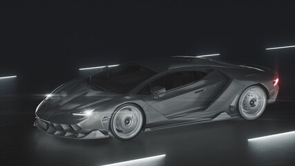 Fototapeta na wymiar 3d render A sports car drives at speed on a road with neon lights