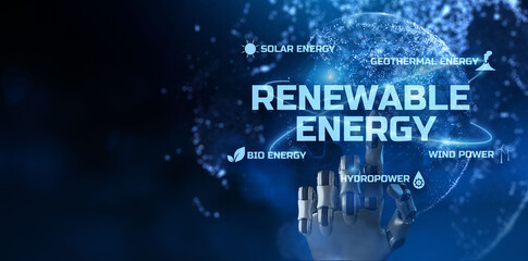 Renewable energy go green eco friendly power. Robotic arm 3d rendering.