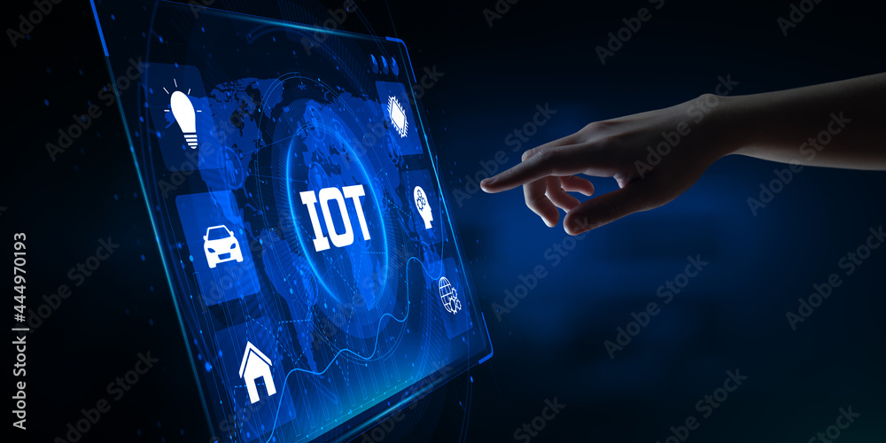 Wall mural iot internet of things wireless technology concept. hand pressing button on screen.