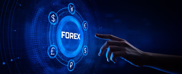 Forex trading stock market exchange robot automation. Hand pressing virtual button.
