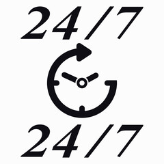 Opening hours around the clock. Reception 24 hours a day. Clock and numerals 24 and 7. Vector icon.