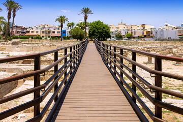Cyprus, Larnaca -28 June 2021. A tourist bridge over the ruins of the ancient city of Kition. City-kingdom of the Bronze and Iron Ages on the southern coast of Cyprus.