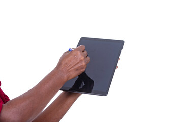 close-up of a female hand holding a tablet.