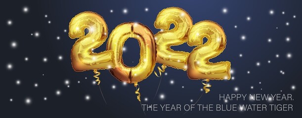 Happy New Year 2022. Background realistic golden balloons. Decorative design elements. Celebrate party Poster, banner, greeting card.