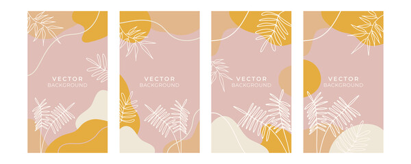 Vector collection of trendy creative cards with floral exotic tropical elements, cactus palm monstrerra leaves in graphic abstract style. Design for poster, card, invitation, placard, brochure, art.