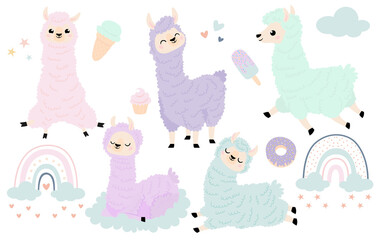 Llama alpaca big line set. rainbow, ice cream. Baby collection. Cute cartoon funny character. Fluffy hair fur. T-shirt, greeting card, poster template print. Flat design. White background. Vector © Krapiva Studio