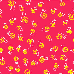 Line Laboratory chemical beaker with toxic liquid icon isolated seamless pattern on red background. Biohazard symbol. Dangerous symbol with radiation icon. Vector