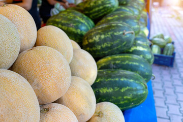 Ripe melons and watermelons, farmers market counter, harvest sale. Background image with place for text.