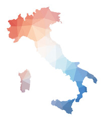 Map of Italy. Low poly illustration of the country. Geometric design with stripes. Technology, internet, network concept. Vector illustration.