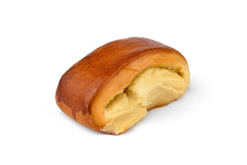 Yeast buns with vanilla cream isolated on white background.