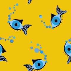 Abstract Hand Drawing Eye Shaped Fishes and Bubbles Seamless Pattern Isolated Background