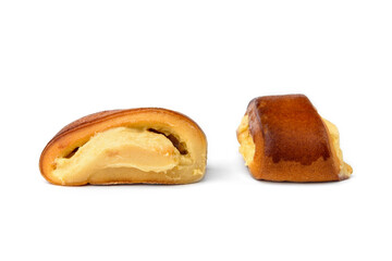 Yeast buns with vanilla cream isolated on white background.