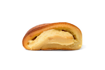 Yeast buns with vanilla cream isolated on white background.