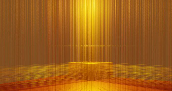 Render with a background of golden straight intersecting lines and a cube