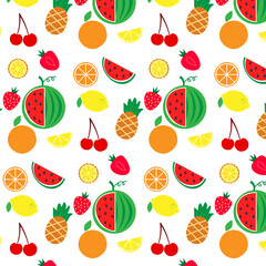 Bright summer pattern with watermelon, pineapple, strawberry, cherry, lemon and orange.