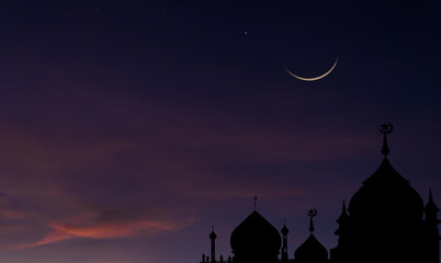 Silhouette dome mosques after sundown with crescent moon symbol of Islamic religion