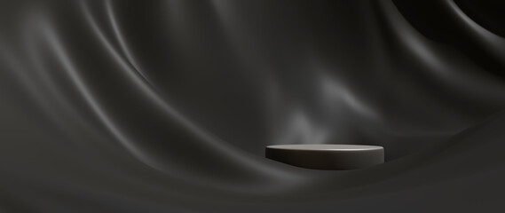 3d render of black cloth and podium. Abstract art fashion background. Scene stage platform showcase, product, presentation, cosmetic on podium.