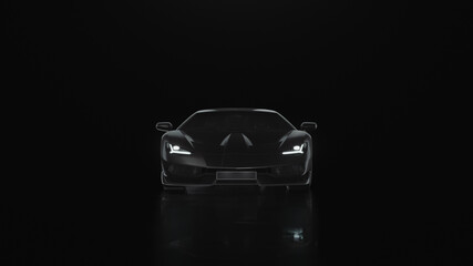 Fototapeta na wymiar 3d render sports car with lights goes to the camera on a black background