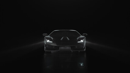 Fototapeta na wymiar 3d render sports car with lights goes to the camera on a black background