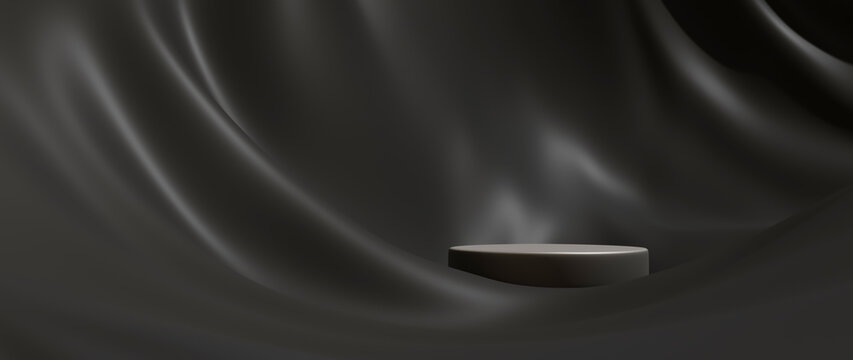 3d render of black cloth and podium. Abstract art fashion background. Scene stage platform showcase, product, presentation, cosmetic on podium.