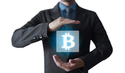Hands showing bitcoin as virtual money on digital