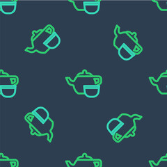 Line Traditional Chinese tea ceremony icon isolated seamless pattern on blue background. Teapot with cup. Vector