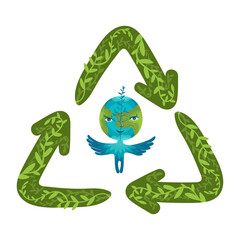 Cute happy smiling Earth planet. Vector cartoon character illustration with the recycling symbol.