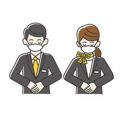 スーツを着てお辞儀をしているマスク姿の案内スタッフの男女